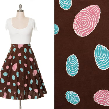 Vintage 1940s 1950s Skirt | 40s 50s Novelty Print Cotton Fingerprint Pinecone Abstract Kitsch Mid Century Brown Full Swing Skirt (large) 