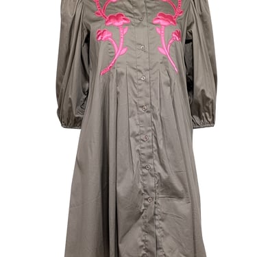 Cynthia Rowley - Khaki & Pink Embroidered Detail Dress Sz XS