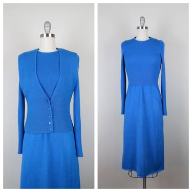 Vintage 1970s knit dress set, 2 piece, vest, mod, minimal, cerulean 