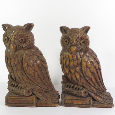 Vintage Syroco Wood Owl Bookends - Composite Wood Owl Bookends 