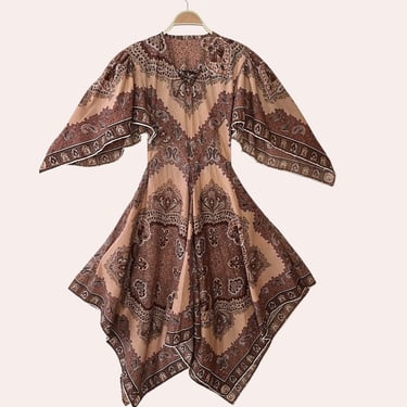 Vintage 70s Block Print Dress with Bell Sleeves, Bohemian, Scarf Dress, Boho, Hippie, Hippy 
