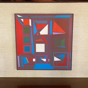 Original Midcentury Modern Geometric Abstract Oil on Canvas Painting by Cleveland Artist Jerry Takacs, ca. 1970's 