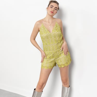 LACE ROMPER GREEN Backless 60'S Vintage Costume Crochet Floral / Medium Large 