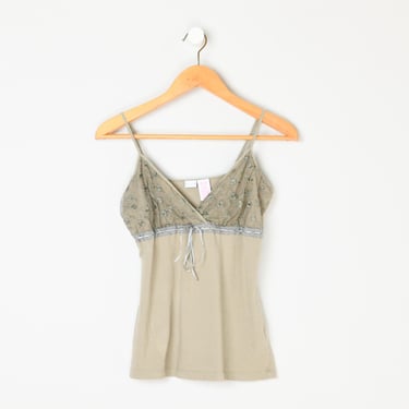 Vintage Y2k Olive Cami Top with Tied Ribbon & Lace Details - 2000s clothing, tank, blouse, bohemian, boho, indie - Women's M 