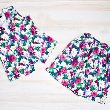 Vintage 90s Floral Shorts Set, 1990s 2 Piece Set, Shirt & Matching Shorts, Flower Print, Cottagecore, High Waisted 
