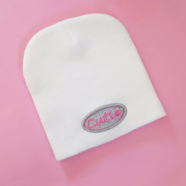 Y2k style / cutie beanie / 2000 white Cutie pink embroidered beanie toque 