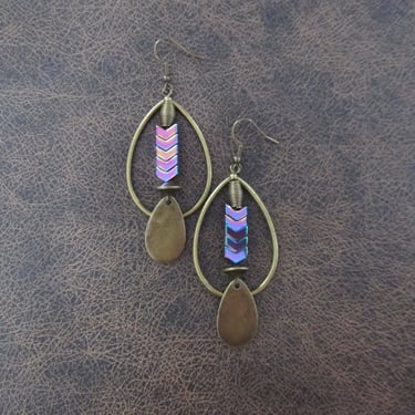 Bronze and hematite tear drop hoop earrings, multicolor 