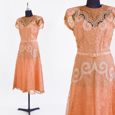 1940s Brown Lace Evening Dress | 40s Taupe Lace Cocktail Dress | Medium 