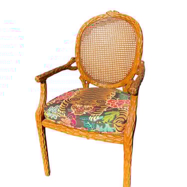 Beautiful vintage faux bois arm chair with new cushion and cane seat / back 