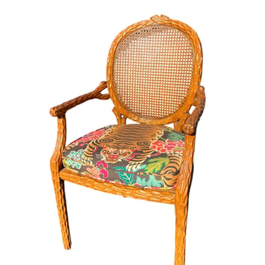 Beautiful vintage faux bois arm chair with new cushion and cane seat / back 