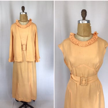 Vintage 30s dress | Vintage apricot orange crepe dress suit | 1930s ruffled jacket and dress 