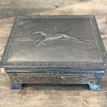Vintage 1920's Japanese Pewter Wood Lined Trinket Box with Polo Stamp