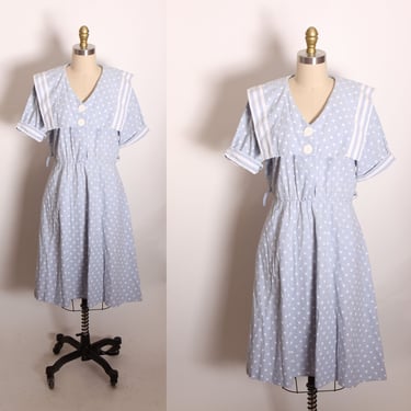 1980s Light Blue and White Polka Dot Nautical Sailor Style Short Sleeve Fit and Flare Dress -L 