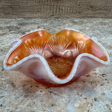 Dugan Petal and Fan Carnival Glass Bowl with Opalescent Jeweled Heart Design 