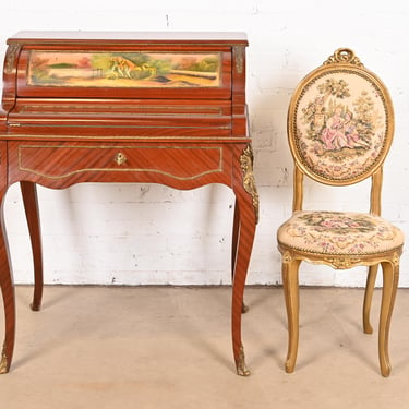 Antique French Regency Louis XV Ladies Writing Desk With Hand-Painted Scene and Gold Gilt Desk Chair