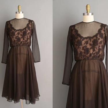 vintage 1960s Dress | Gorgeous Brown Semi Sheer Long Sleeve Lace Chiffon Fluttery Dress | Small 