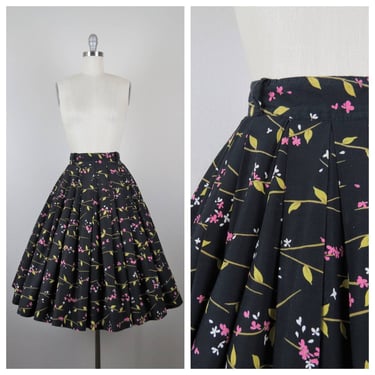 Vintage 1950s floral cotton skirt, cherry blossoms, fit and flare, full, circle, size xs 