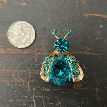 Vintage signed WEISS insect rhinestone pin, turquoise glass & gold, bee brooch, lapel pin 
