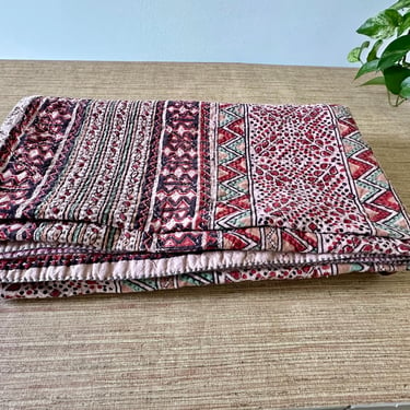 Vintage Handmade Kantha Quilt - Geometric Floral - Red Berry Black Green Yellow - 98