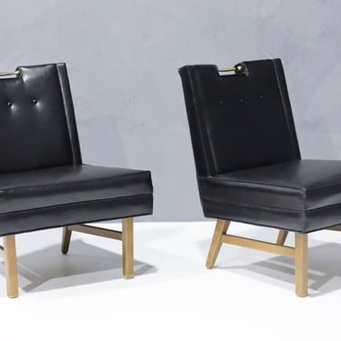 Merton Gershun Slipper Chairs in Faux Black Leather with Brass Pulls