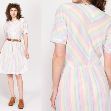Large 70s 80s Rainbow Pastel Striped Shirtdress | Vintage Chevron Stripe Short Sleeve Knee Length Dress 