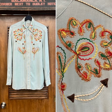 Vintage 1950’s “H Bar C” Amazing Embroidery Western Cowboy Rayon Rockabilly Shirt, 50’s Vintage Clothing 