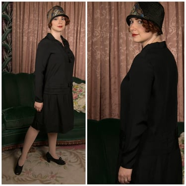 1920s Dress - Vintage 20s Little Black Day Dress Dress in Silk and Wool Blend Faille with Pleated Drop Waist 