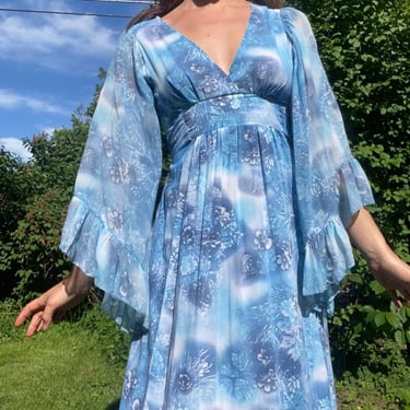 Vintage 1970s Butterfly Sleeve Blue Floral Boho Cotton Dress Long Maxi XS Small V Neck Stevie Nicks by TimeBa