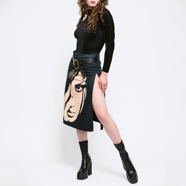 Medium Y2K Dystopian Face Motif Graphic Skirt | Vintage Cyberpunk High Waisted Side Slit Midi Skirt 