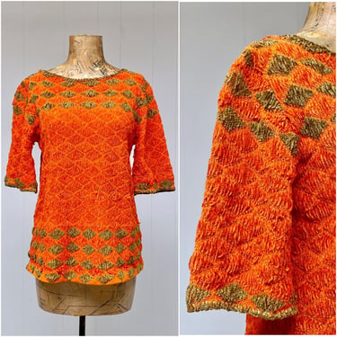 Vintage 1960s Orange Chenille Top, Mid-Century Pullover, Casual Knit Tunic, Medium 