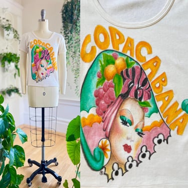 Vintage 1970s T-Shirt | 70s Hand Painted Carmen Miranda Copacabana Cotton Jersey Short Sleeve Wearable Art One of a Kind Tee (x-small/small) 