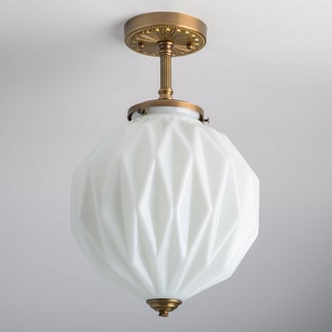 Decorative Glass - Semi Flush Lighting - Heavy Gauge Brass Ceiling Light Fixture - Geometric Glass Shade - Historic Design - White Glass 