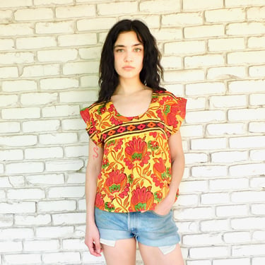 Indian Floral Blouse // vintage 70s boho cropped crop top dress hippie yellow 70's 1970's 1970s Indian hippy // O/S 