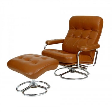 Chrome And Leather Lounge Chair With Ottoman