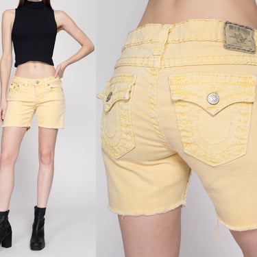 Medium Y2K True Religion Yellow Low Rise Cut Offs | Vintage Lily Denim Cutoff Bermuda Shorts 