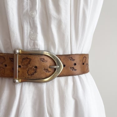 brown leather belt 70s vintage handmade wide tooled waist belt 