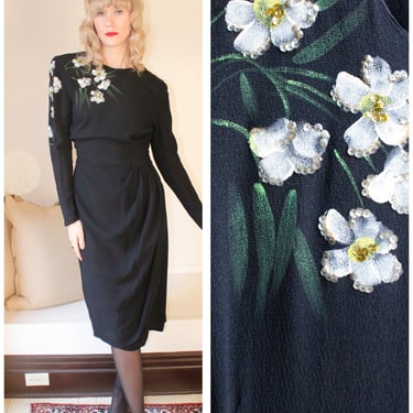 1940s Encore Hand Painted Floral Rayon Crepe Dress 