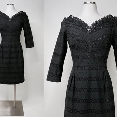 1950s Black Eyelet Lace Wiggle Dress by Alix of Miami XS | Vintage, Sheath, Hollywood, Sexy, Cocktail, Pin Up, Rockabilly, Old Fashioned 