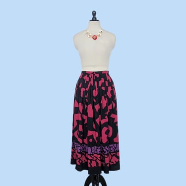 Vintage 80s/90s Pink and Black Abstract Print Maxi Skirt, Vintage 90s Boho Flowy Rayon Skirt 