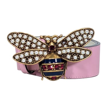 Gucci - Pink Leather Large Bee Buckle Belt