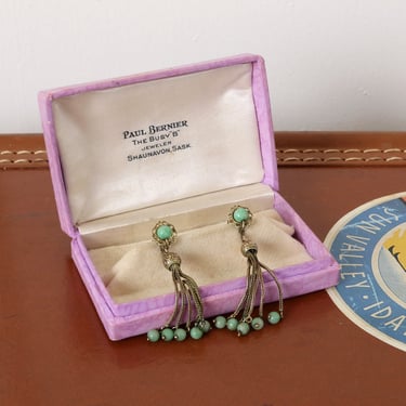 antique tassel earrings • Victorian gilt gold vermeil pierced earrings with jade green peking glass 