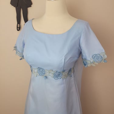 Vintage 1960's Blue Embroidered Maxi Dress / 70s Prom Formal Dress S 