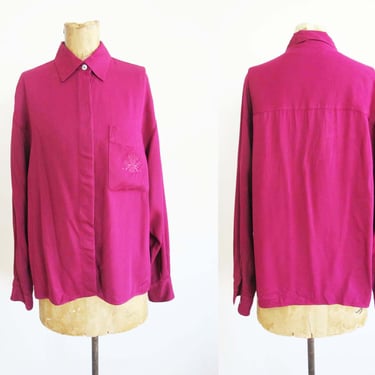 90s Magenta Pink Collared Long Sleeve Blouse S M - 1990s Dark Pink Solid Color Minimalist Button Up - Jewel Tone Rayon Academia Prep Style 