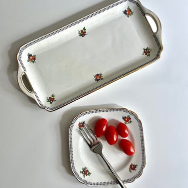 Porcelain China Burleigh Ware Sandwich, Snack, Appetizer Tray w handles and 6 Small Plates - Antique Vintage, Tea Tableware, 1906-1912 