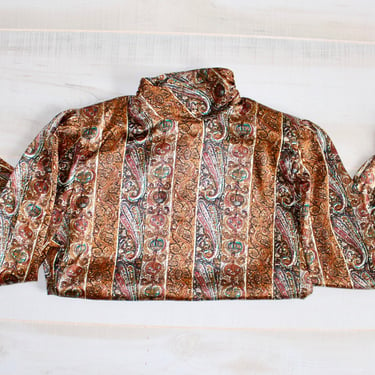 Vintage 80s Secretary Blouse, 1980s Satin Blouse, High Neck Blouse, Abstract, Paisley Print, Button Back, Puff Sleeves 