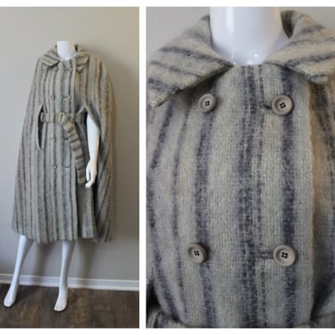 Vintage NOS Donegal Design Ireland GORGEOUS Mohair Belted Cape Coat Gray Ombre Striped with tag unworn  // Modern US 0 2 4 6 xs s 