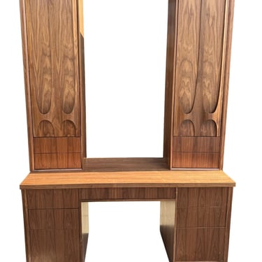 Brasilia Style Walnut Makeup Vanity | Mid Century Modern Vanity Desk with Storage Towers and Drawers 
