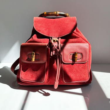 GUCCI Coral Red Suede & Leather Bamboo Handle Backpack Large Jumbo GG Gold Hardware Logo 90s Y2K Toggle 