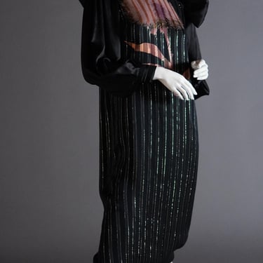 1980s James Galanos silk chiffon pinstripe dress with printed floral and exaggerated shoulder with satin sleeves 