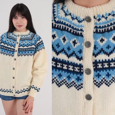 Nordic Cardigan 80s Cream Wool Button Up Knit Sweater Retro Geometric Fair Isle Print Cozy Fall Knitwear Blue Vintage 1980s Medium M 
